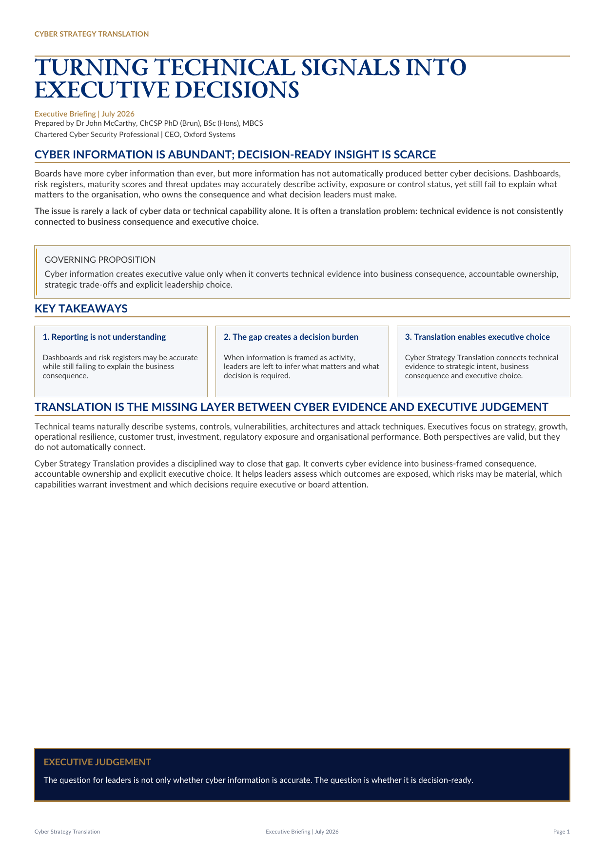 Cover of the Cyber Strategy Translation Executive Briefing